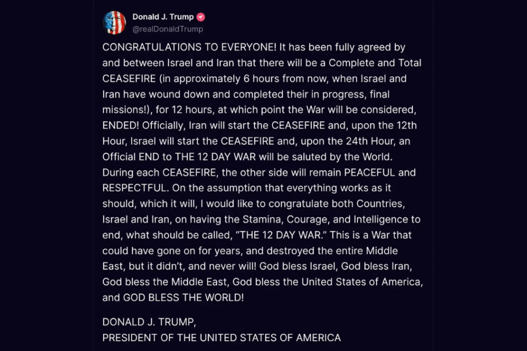 úncio de Trump sobre cessar-fogo entre Israel e Irã