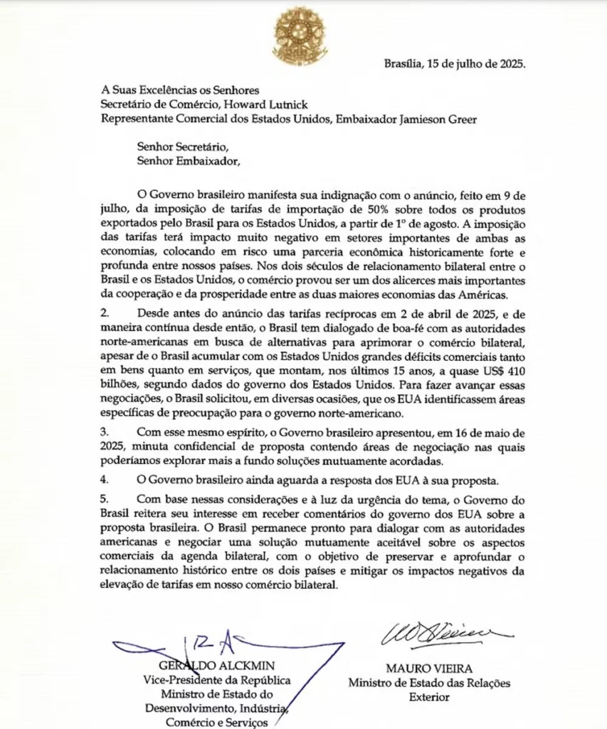 Carta do governo contra tarifa de 50% dos EUA

