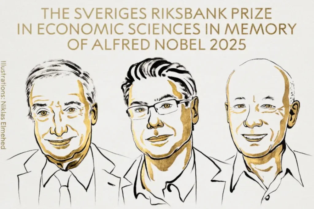 Os laureados do Nobel de Economia 2025 representam as teorias que explicam inovação como força motriz do crescimento econômico | Foto: Reprodução/Nobel